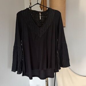 Free People Black Eyelet V-Neck Blouse